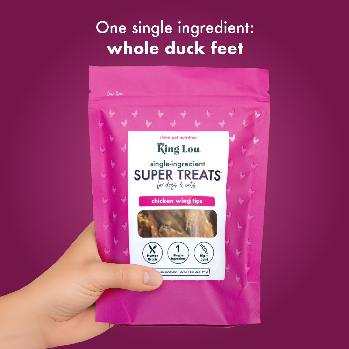 King Lou Pets - Whole Chicken Wing Tips - Dehydrated Raw Chicken Dog & Cat Treats - USA-Made - Rich in Collagen, Glucosamine, Chondroitin for Hip & Joint Health - 30 Count