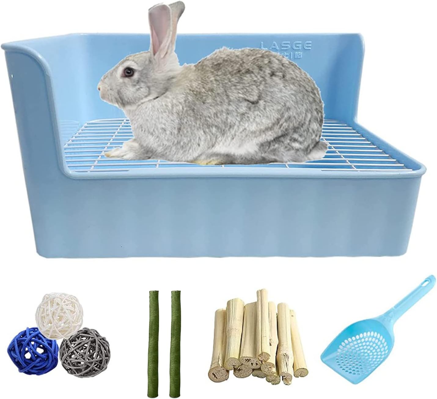 Tfwadmx Rabbit Litter Box Toilet Bunny Corner Litter Pan Pet Toilet Potty Trainer with Scoop Rabbit Chew Toys for Guinea Pigs Galesaur Chinchilla Ferret Small Animal (Blue)