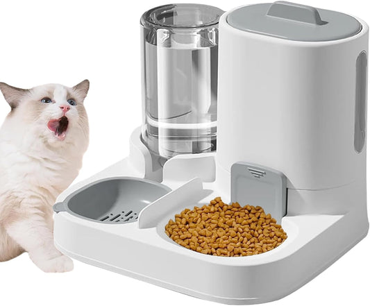 Gravity Cat Feeder and Water Dispenser, 2 in 1 Automatic Pet Waterer Detachable Food Bowls Set Pet Food Storage for Small Cat Kitten Dog Puppy Pet Easy Clean (Grey)