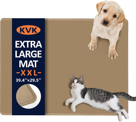 Dog Food Mat, 39.4×29.5in Extra Large Silicone Pet Feeding Mat - Waterproof, Non - Slip, Chew - Resistant for Food & Water, Protect Floors (Brown)