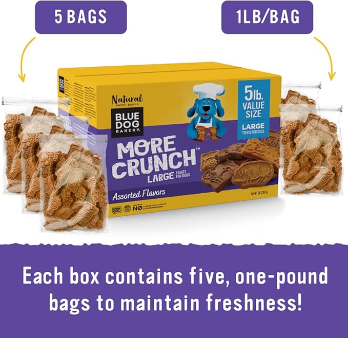 Blue Dog Bakery More Crunch Biscuits Value Box | Large, Bacon, Chicken, Cheese, Peanut Butter | Natural Healthy Dog Treats, 5 Pound Box (Pack of 1)