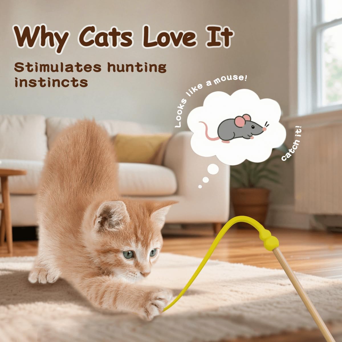 Cat Wand Toy,Cat Toy Wand,Cat Toy on Stick 3 PCS Silicone Ultra-Light Durable Tail Non Feather Teaser Used for Stress Relief (Colorful Styles)