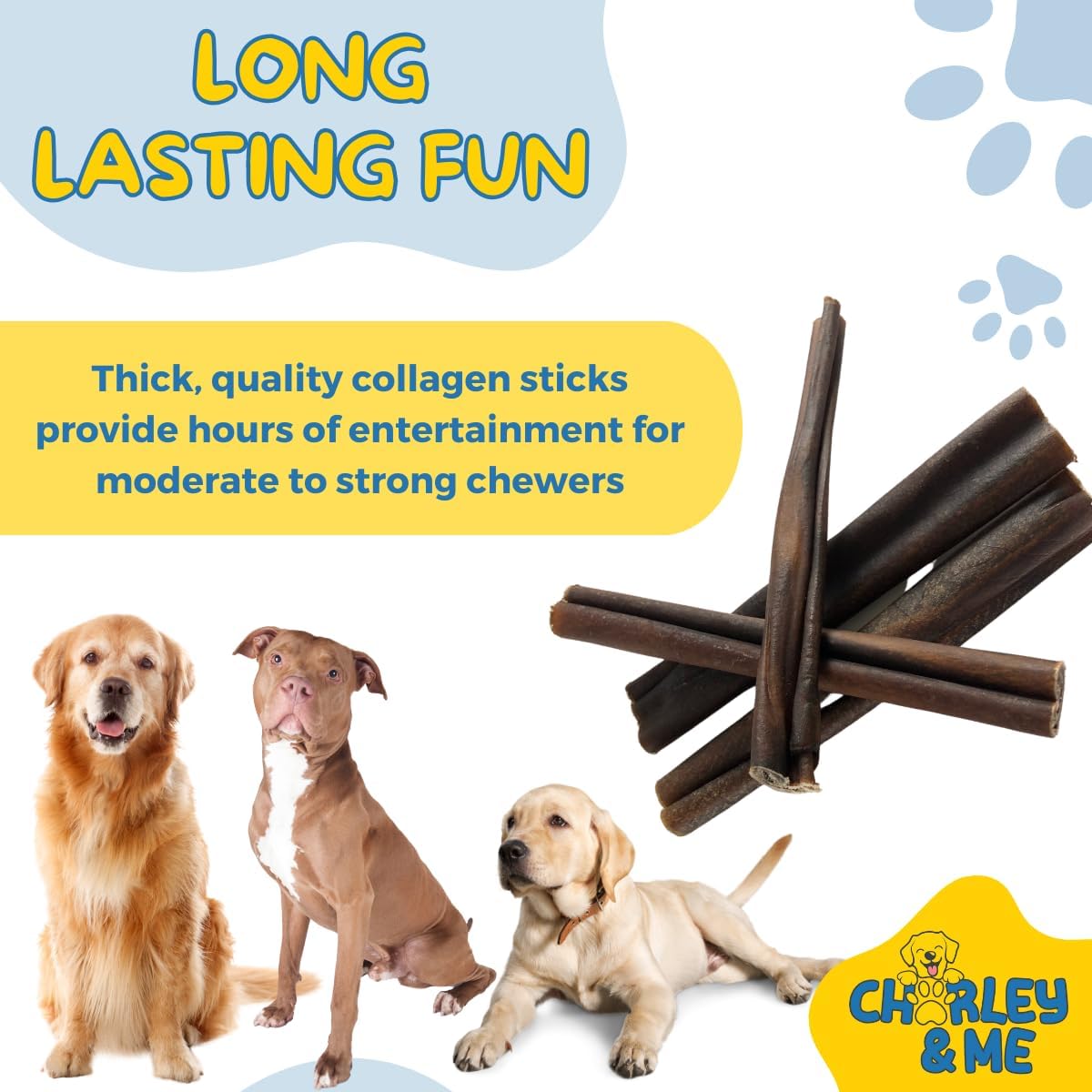 CHARLEY & ME Premium Collagen Sticks for Dogs - Long Lasting Dog Treats, Free Dog Chew Sticks - Hip & Joint Support, Healthy Skin, Shiny Coat - 100% Natural Beef - 6 Inches (Pack of 12)