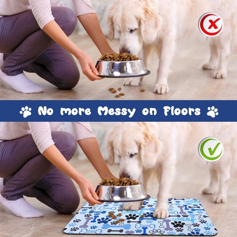 Dog Food Mats for Floors Waterproof, Pet Water Bowl Mats Pet Feeding Absorbent Placemats Blue 12 * 20 inch
