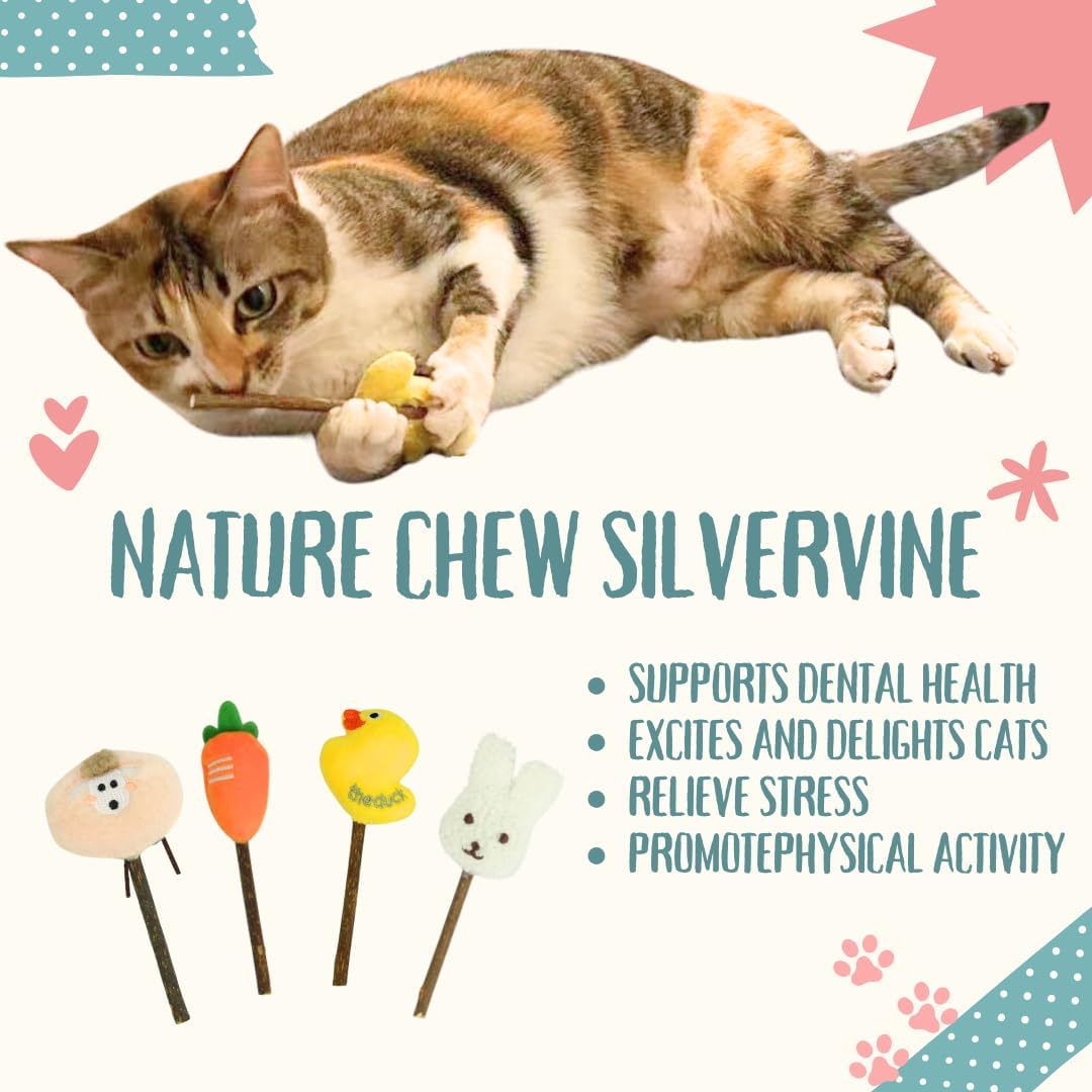 Nature Silvervine Sticks for Cats, 4 Pack Cat Toys for Indoor Cats, Kitten Chew Toy for Teeth Cleaning, Carrot Duck Sheep Bunny Plush
