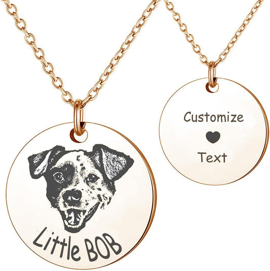 Pet Portrait & Name Necklace - Customized Photo Engraved Memorial Necklace for Cat Dog Animal Lover, Dog Mom - Birthday Gift
