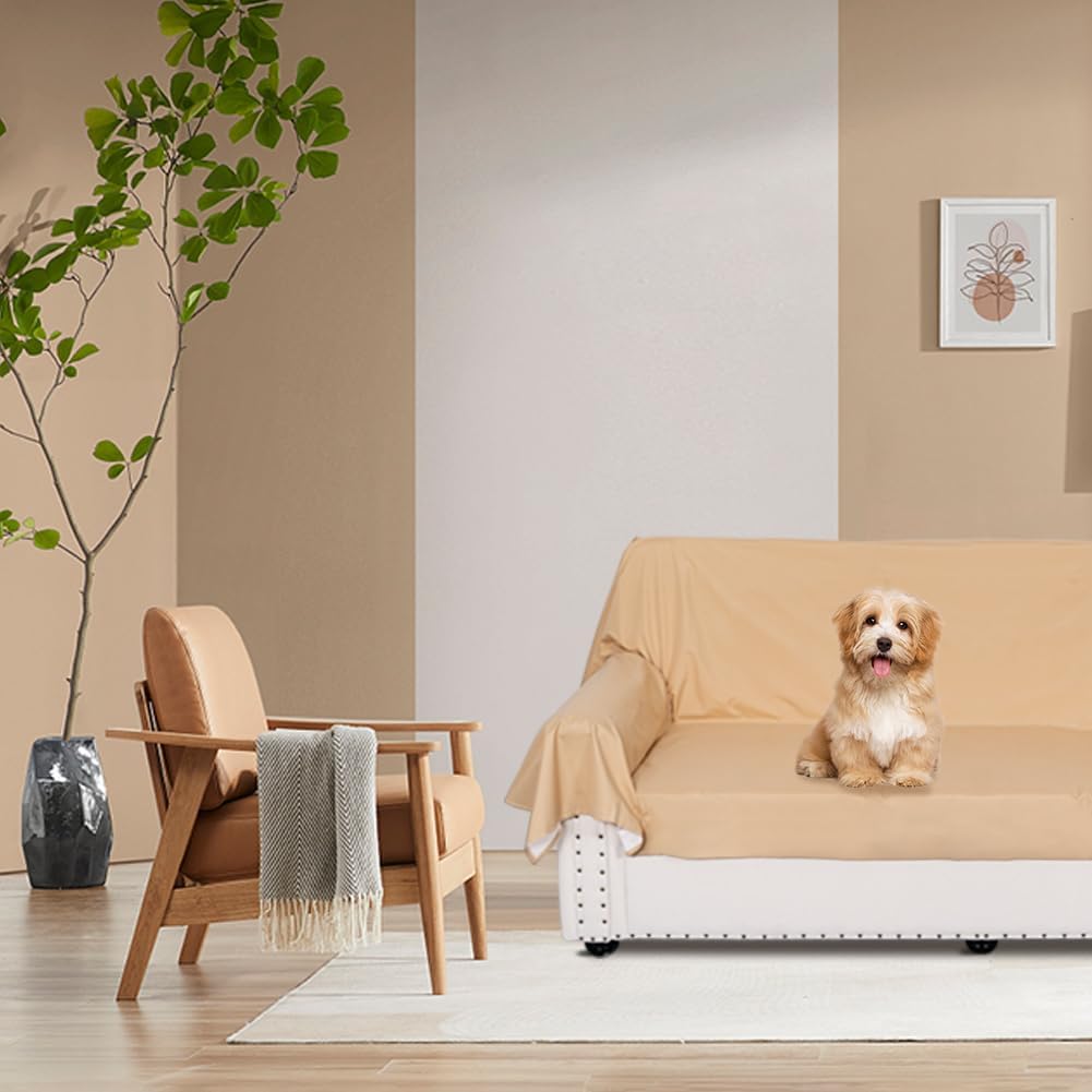 DUJUIKE Waterproof Bed Cover for Dog and Cats,Pet Hair Resistant Bed Sheet Cover, Protective Bed Liner Cover with 100% Waterproof Breathable Thin Fabric (Apricot Yellow, Super King 90 * 118 inch)