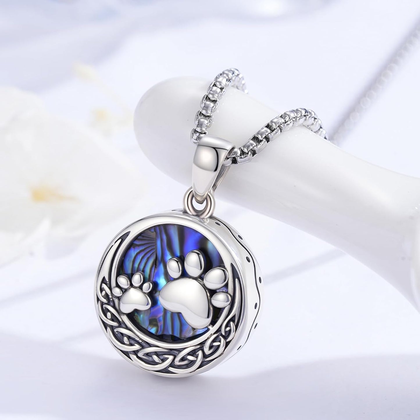 MEDWISE Celtic Urn Necklace for Ashes 925 Sterling Silver Paw Prints Necklace Abalone Shell Ashes Keepsake Memorial Urn Pendant Pet Cremation Jewelry for Ashes Memorial Jewelry for Dog Cat Pet
