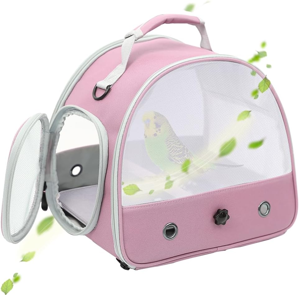Bird Carrier, Portable Small Bird Parrot Parakeet Carrier with Standing Perch, Side Access Window Collapsible (Pink, Mesh Windows)