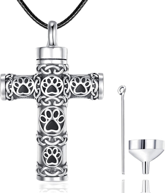 Dreamboat Pet Crematian Urn Necklace for Dog Cat Ashes 925 Sterling Silver Paw Print Keepsake Pendant Jewelry Gifts for Women Men