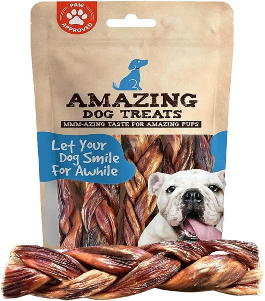 Amazing Dog Treats - 6 Inch Braided Gullet Stick (8 Pc/Pack) - Dog Jerky Treats - Beef Esophagus -Gullet for Dogs - Beef Esophagus Dog Treats