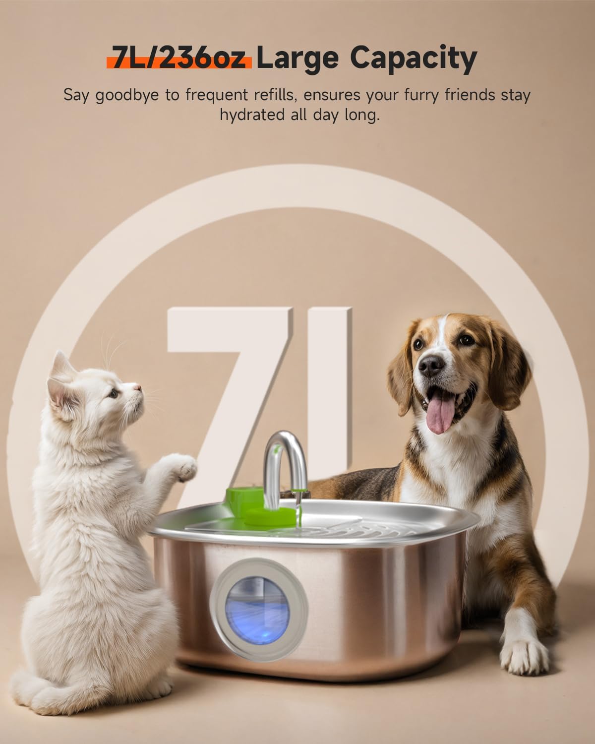 Dog Water Fountain Stainless Steel, 236 Oz/7L Automatic Dog Water Bowl Dispenser, Quiet Cat and Pet Water Dispenser Fountain with 2 Filters for Large Dogs, Cats, Multi-Pets - FS20