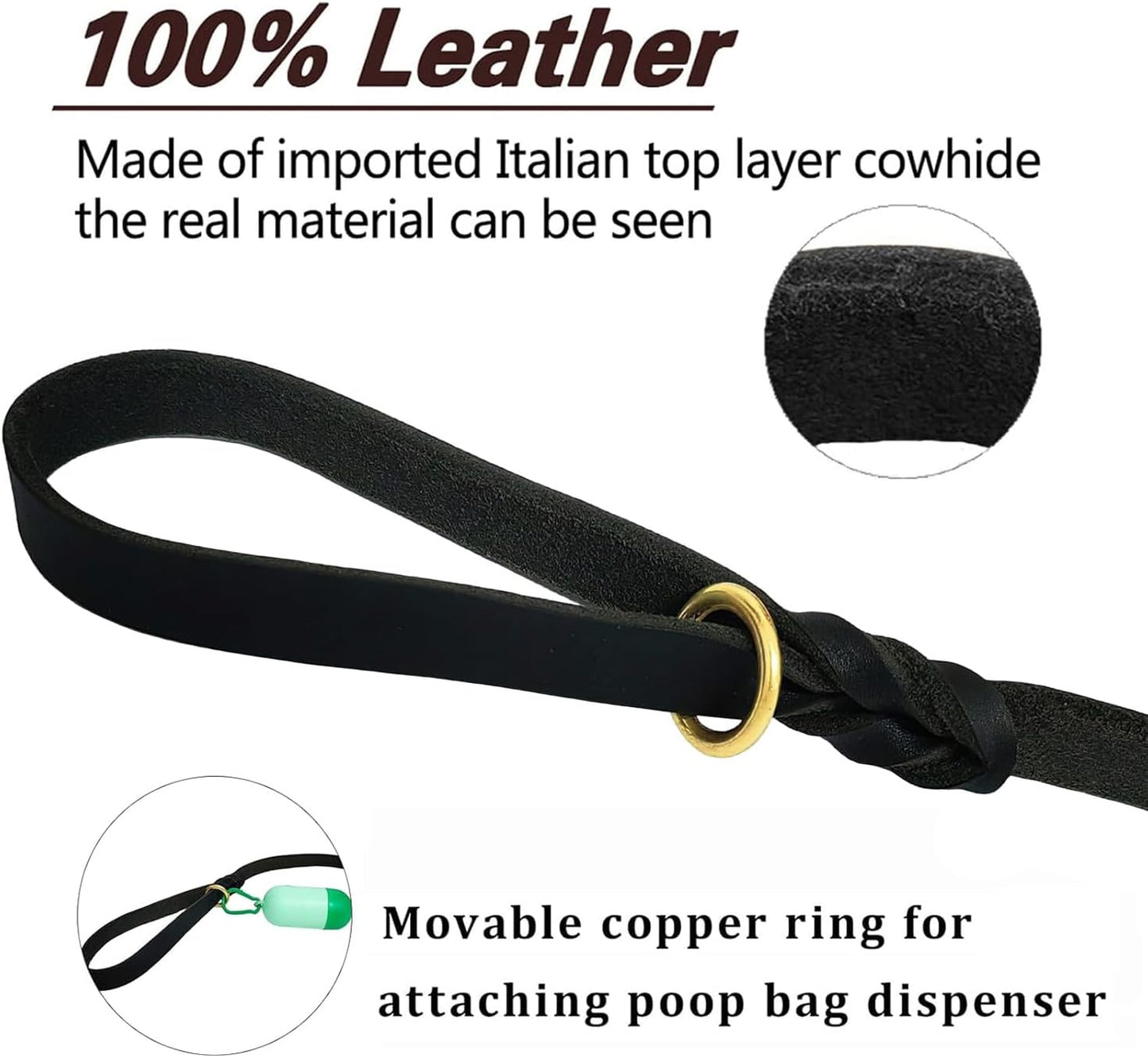 LWBMG Leather Dog Leash 8ftx1/2 inch, Heavy Duty Dog Leashes, Strong and Sturdy Handmade Pet Leashes, Soft and Comfortable Leather Leash for Medium Large Dogs Training and Walking Black