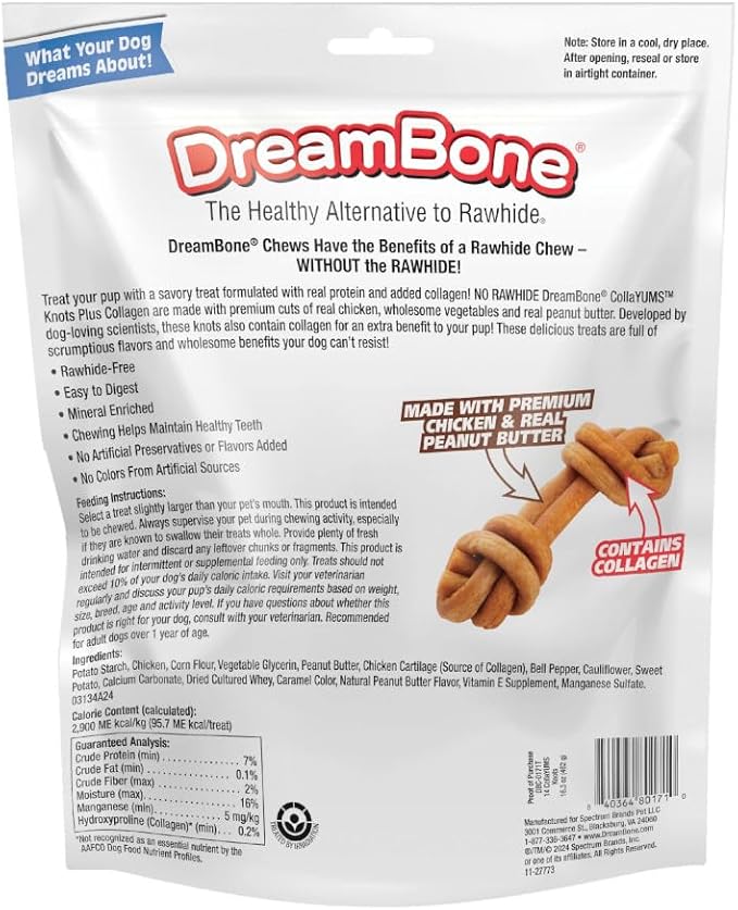 DreamBone CollaYUMS Knots Plus Collagen Chews for Dogs, 14 Count, Treat Your Dog to Rawhide-Free Chews Made with Chicken, Vegetables and Peanut Butter