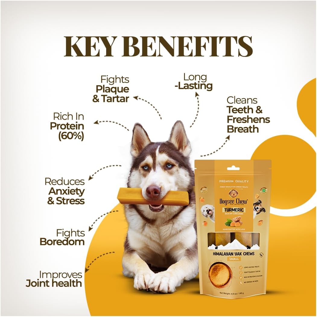 Dogsee Himalayan Yak Chews with Turmeric/Curcumin (XL - 6 Bars, 2lb) | Natural & Long-Lasting | Yak Chews for Large Dogs | Anti-Inflammatory | Supports Oral Hygiene | Rawhide-Free Treats