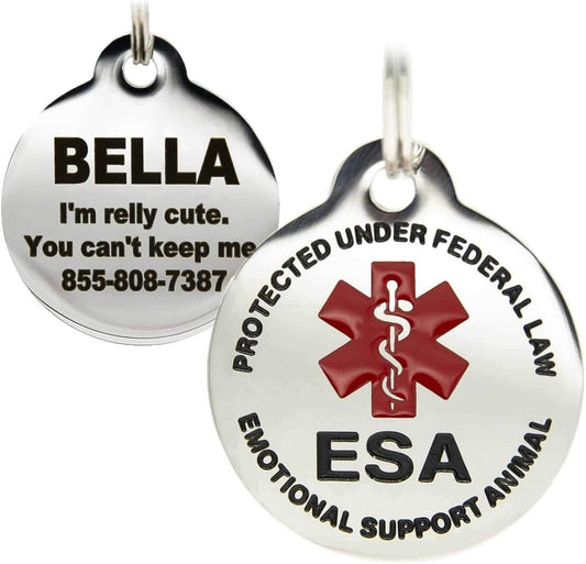 Engraved Emotional Support Animal (ESA) Personalized with 4 Lines of Custom Engraved ID Stainless Steel Enameled Small