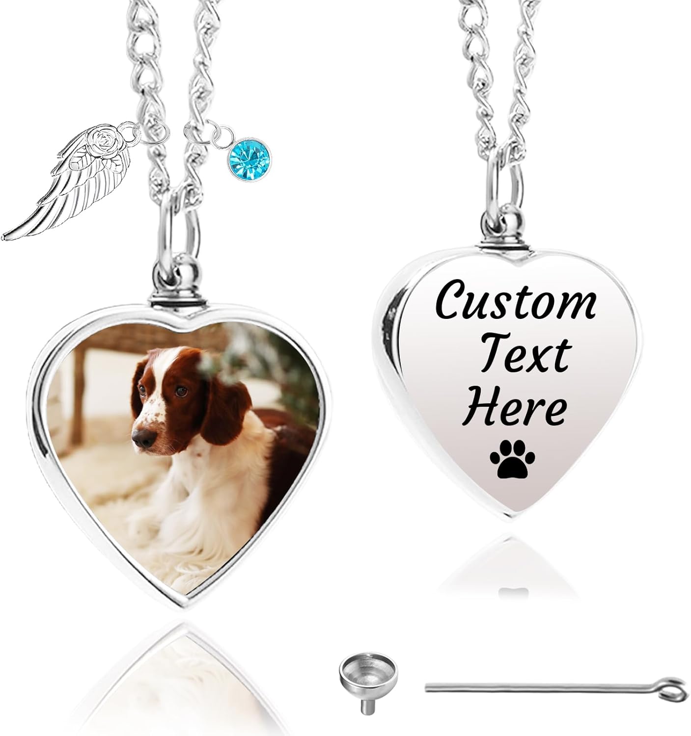 Personalized Pet Ashes Necklace for Dog Cat Custom Engraving Photo Text Urn Keepsake Pendant Necklace Customize Cremation Jewelry with Angel Wing Birthstone for Dog Lover (06)