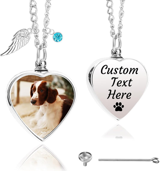 Personalized Pet Ashes Necklace for Dog Cat Custom Engraving Photo Text Urn Keepsake Pendant Necklace Customize Cremation Jewelry with Angel Wing Birthstone for Dog Lover (06)