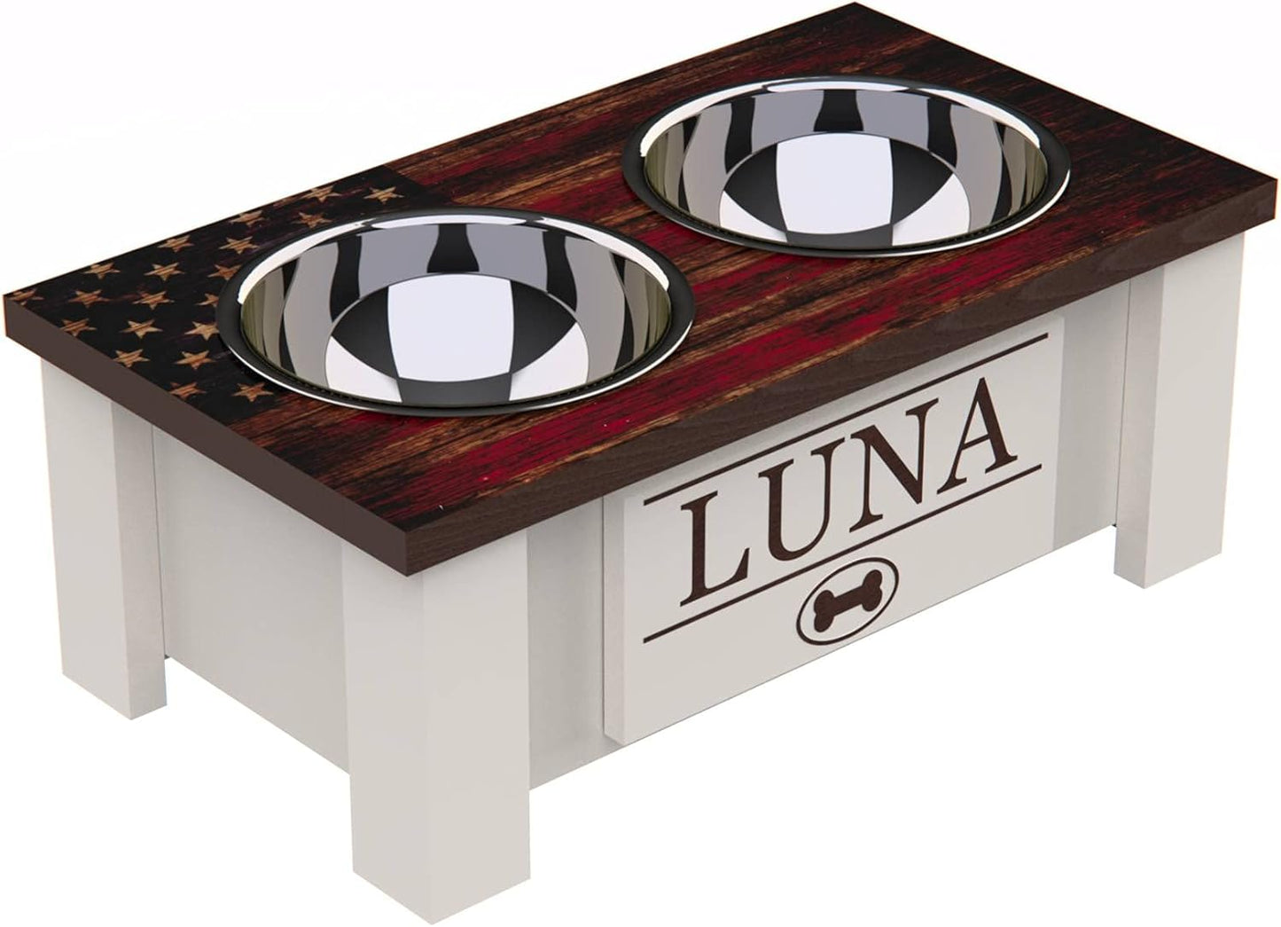 GrooveThis Woodshop - Personalized Elevated Dog Bowl Stand for Large, Medium, Small, X-Small Dogs - Stainless Steel Food and Water Bowls - Raised Dog Dish with Internal Storage (Small, Flag Design)