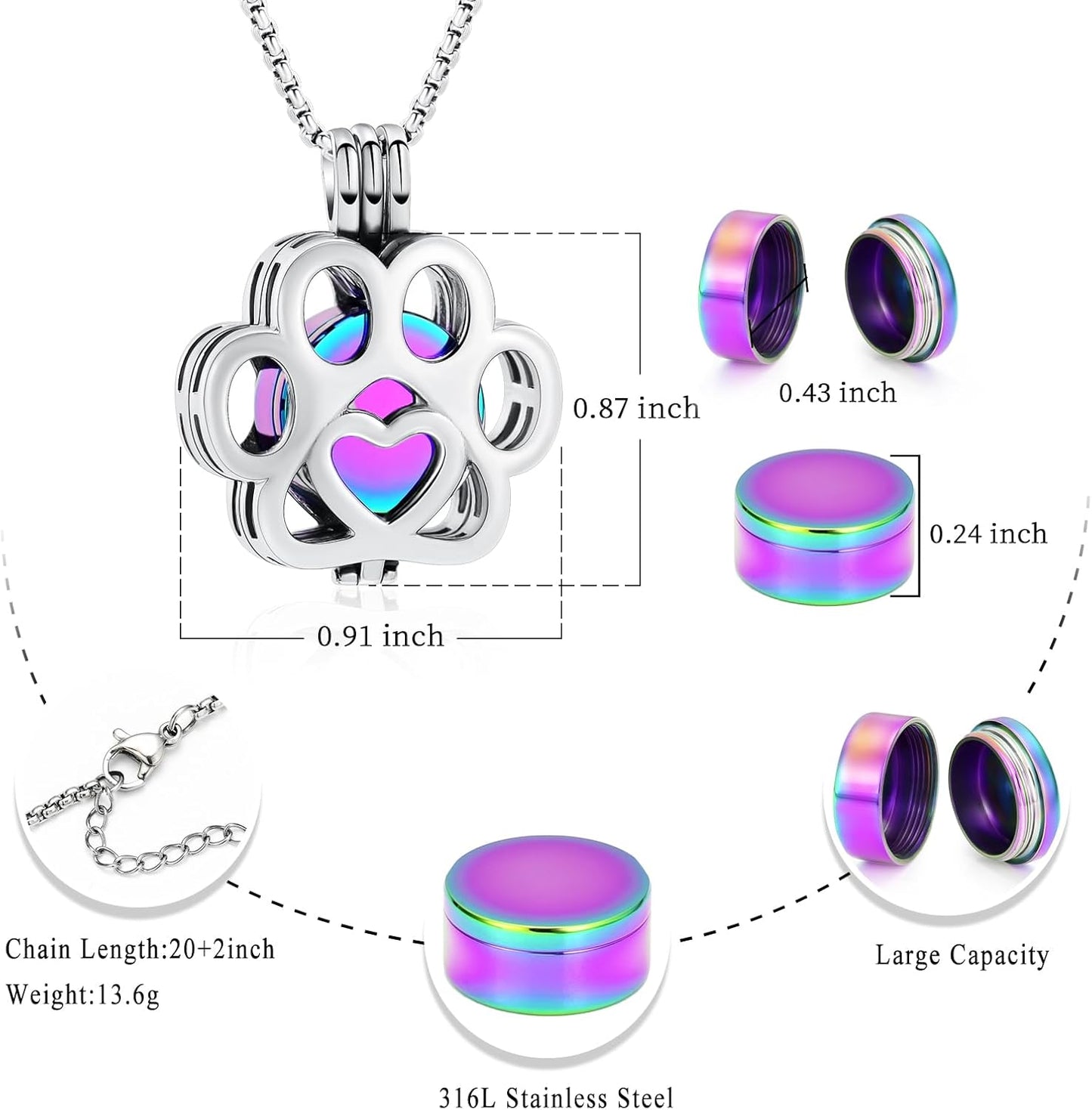 Oinsi Pet Cremation Jewelry For Ashes For Dog/Cat Paw Stainless Steel Memorial Locket Urn Necklace Inside Mini Case Keepsake Cremation Jewelry Women Men