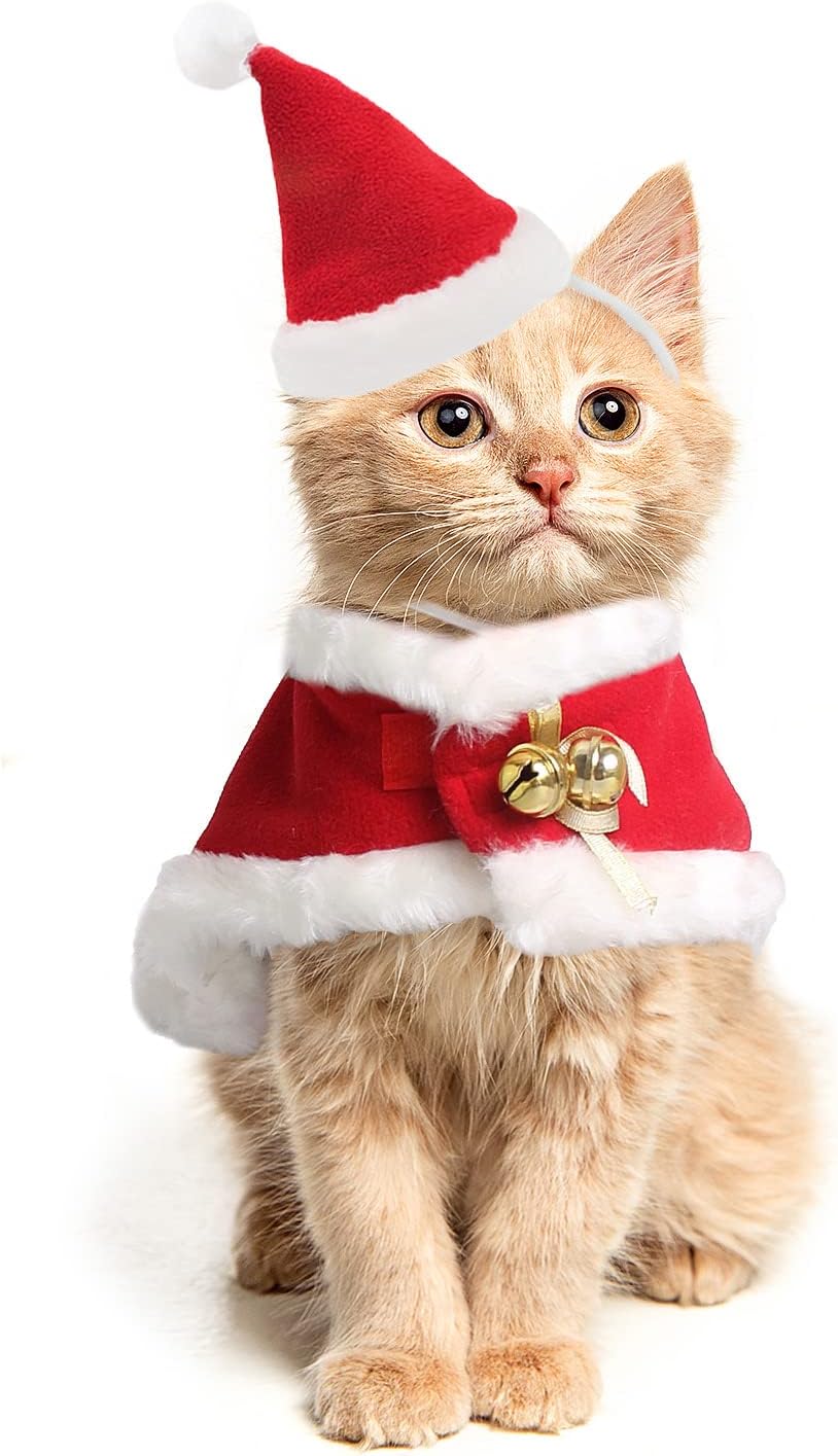 LESYPET Cat Christmas Costume, Santa Hat with Cloak for Small Dogs Rabbits Christmas Costume New Year, Red S