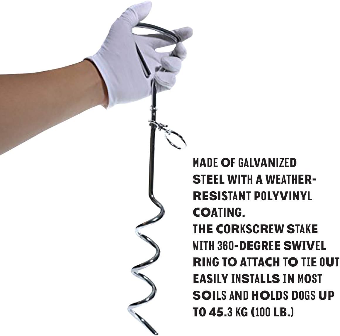 Katzco Chrome Dog Corkscrew Stake with Leash Lead - 25 Foot Cable with 80 lb Pull Strength - Heavy-Duty Outdoor Tie-Out for Large, Medium, and Small Energetic Dogs - Backyard Summer Dog Run - Red