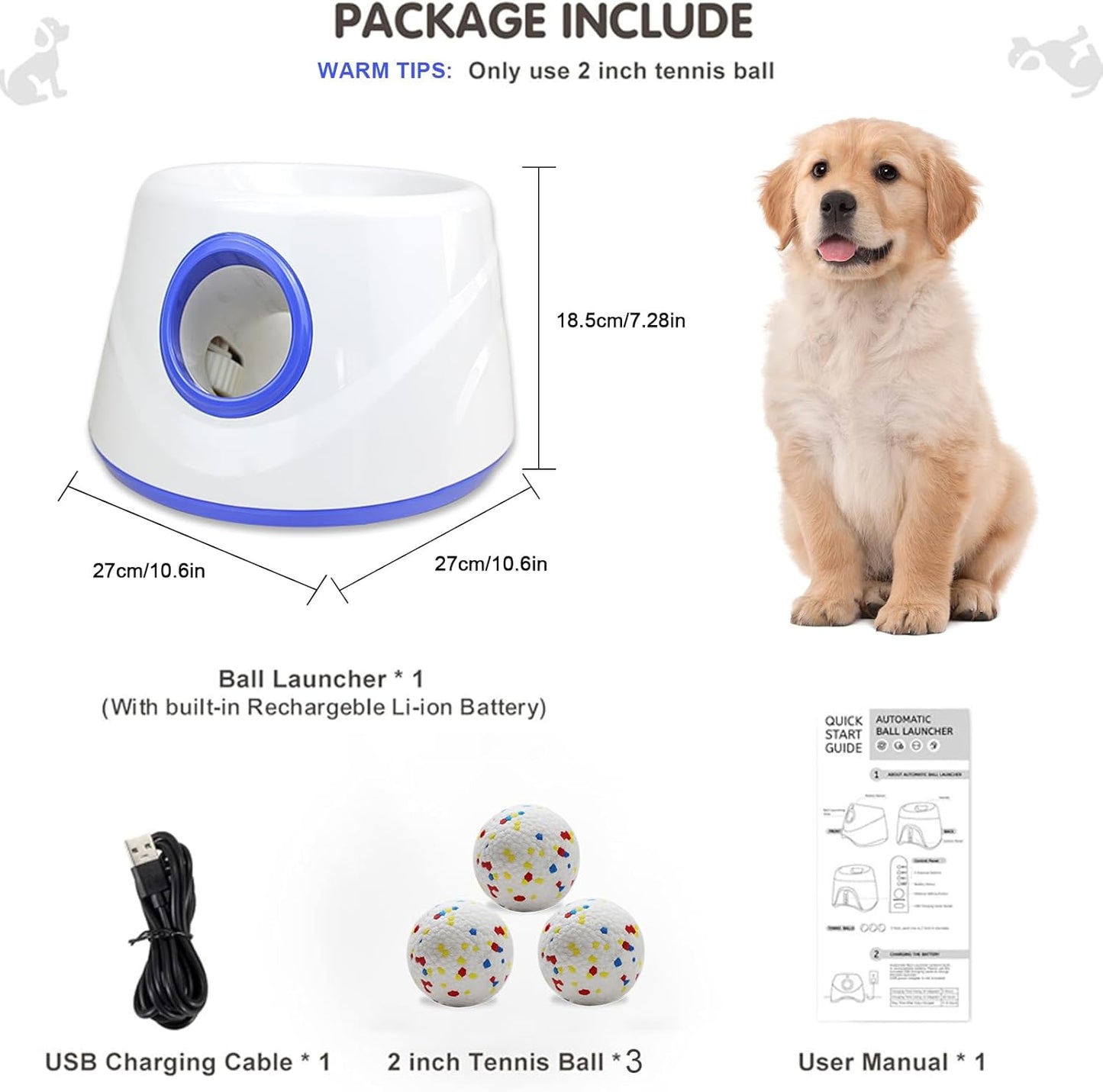 Automatic Dog Ball Launcher, Upgraded Dog Ball Throw Launcher, Adjustable Distance 10-40FT, for Small/Medium Dogs, with 3 2.3-inch ETPU Balls, Indoor and Outdoor Interactive Toys