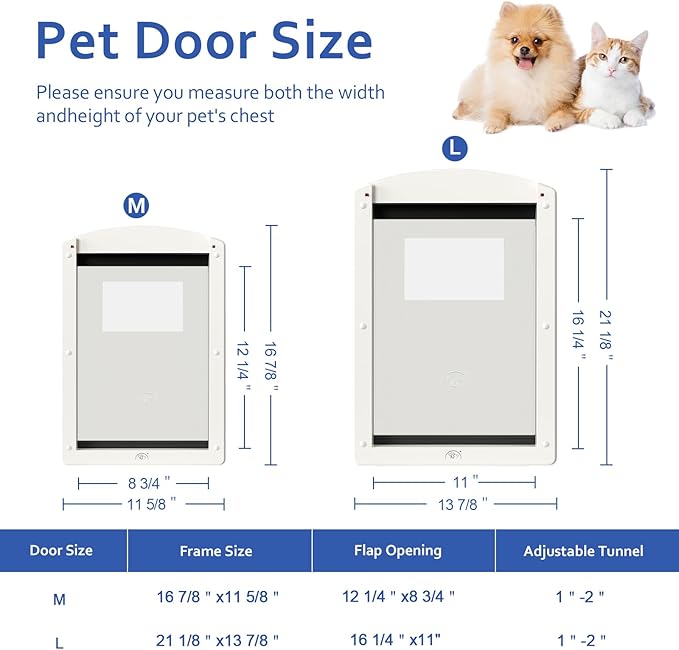 [Classicmacher] White Frame Dog Doors for Medium Dogs, Strong Plastic Pet Door with Sliding Lock Panel and Magnetic Soft Flap, Doggy Door for Door, Doggie Door Up to 25Lbs (Medium, Milk White)