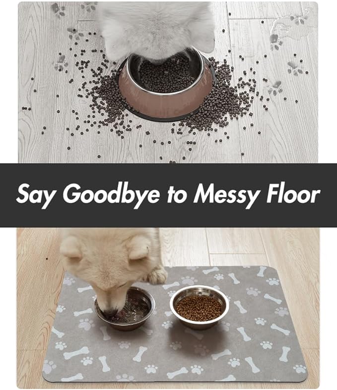 MontVoo Dog Food Mat-Pet Feeding Mat for Food and Water-No Stains Quick Dry Dispenser Cat Bowl Mat for Messy Drinkers(14"x22" Grey)