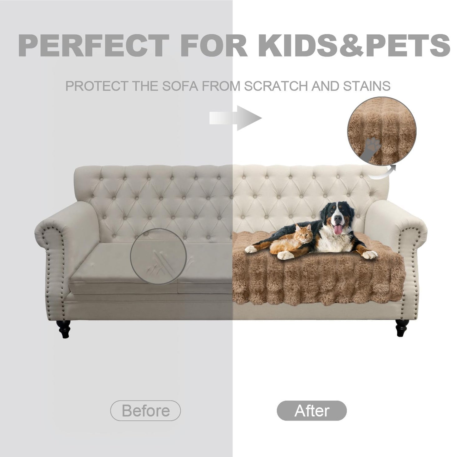 Dogs/Cats Bed Mats, Dog Pad Washable Removable Couch Cover with Anti-Slip Back, Plush Long Fur Mat, Perfect for Small, Medium and Large Dogs.(Light Brown-Bubble, 40"x50")