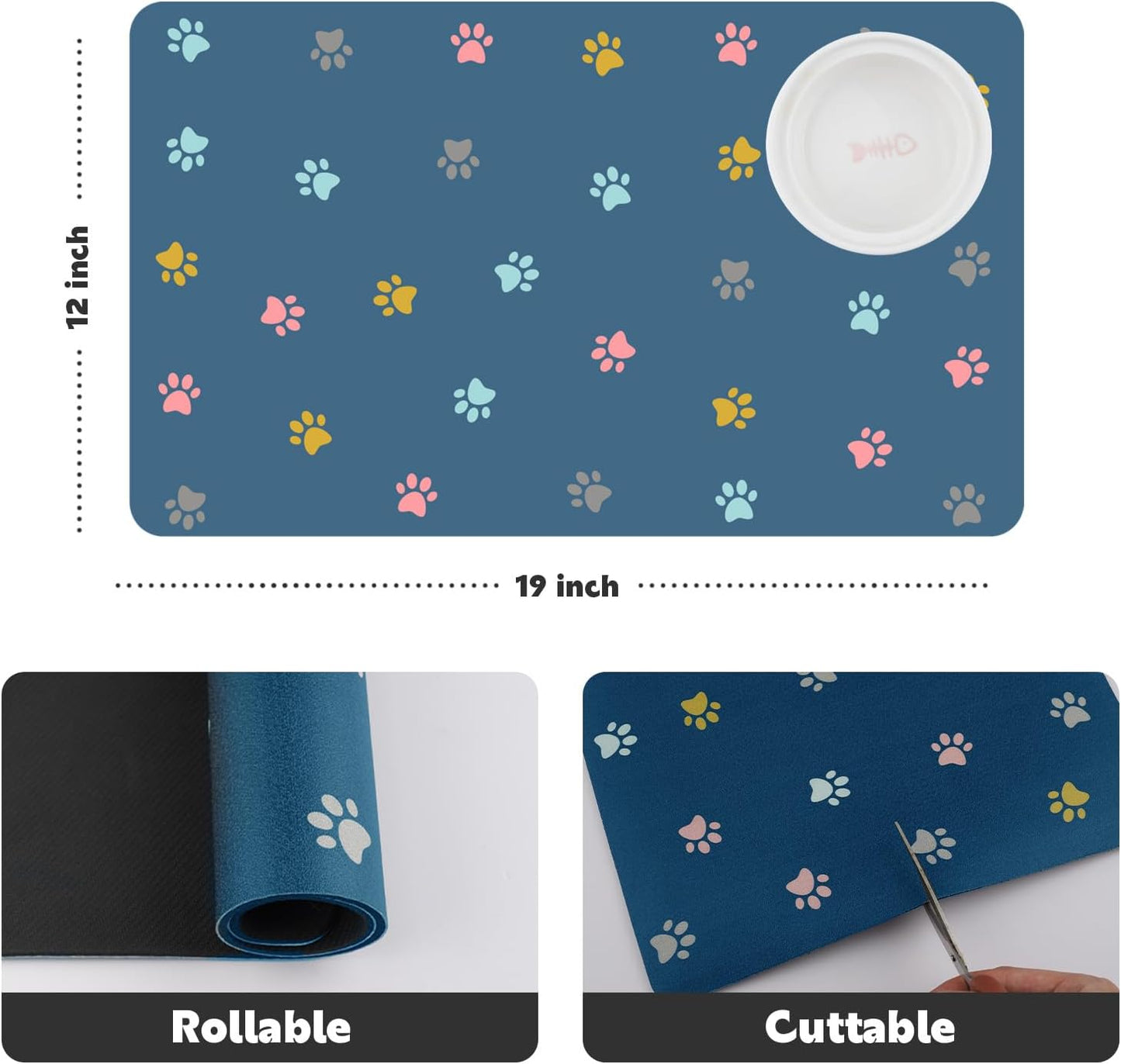 Cat Food Mat Absorbent Dog Mat for Food and Water Non Slip Quick Dry Dog Bowl Mats for Floors 19" X 12" Paw Lake Blue