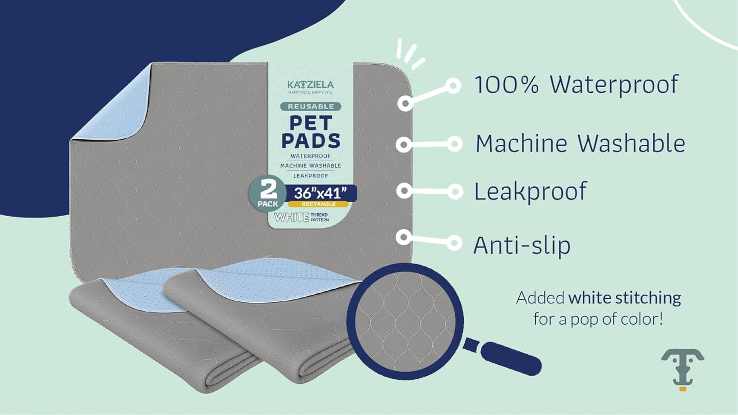 Katziela Washable Pet Pads (2 Pack 36in x 41in)Super Absorbent Waterproof Reusable Dog Pee Pads for Dogs Washable Puppy Pads for Potty Training Housebreaking Washable Pee Pads for Dogs White Stitching