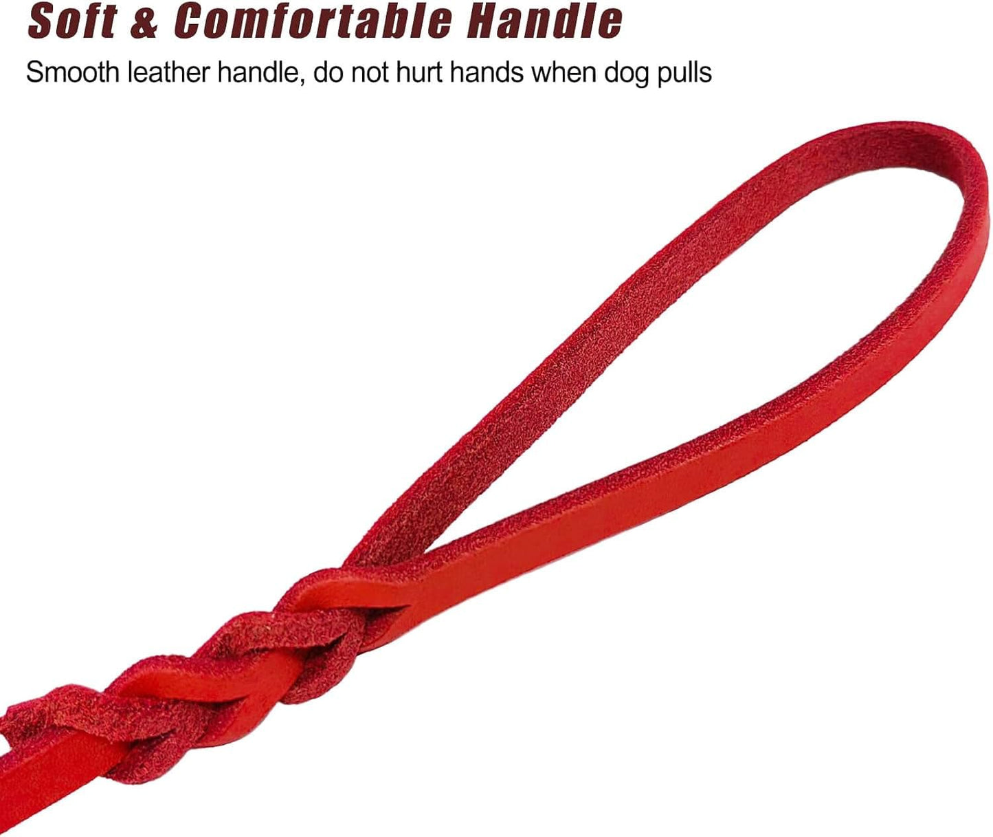 LWBMG Leather Dog Leash - 6ft x 1/2 inch Heavy Duty, Braided, Comfortable Leash for Large, Medium & Small Dogs - Red