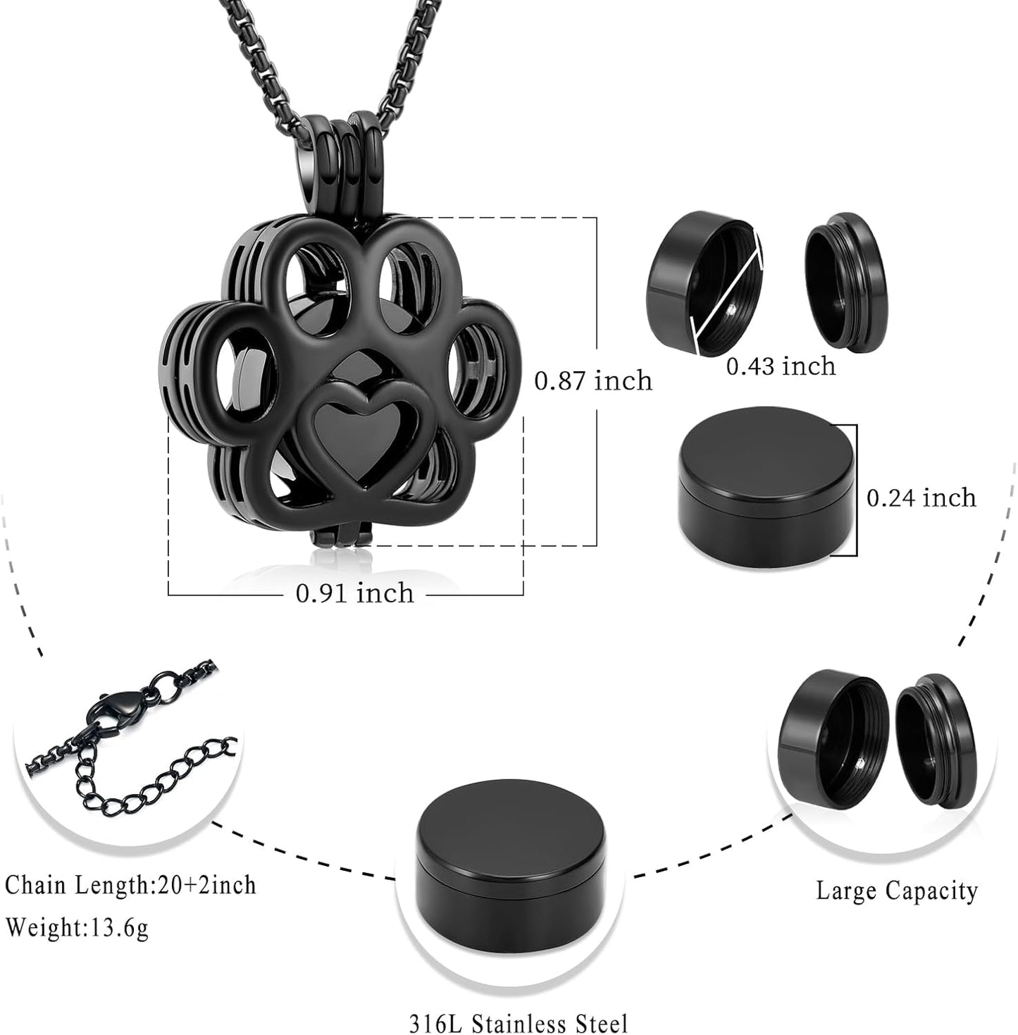 Oinsi Pet Cremation Jewelry For Ashes For Dog/Cat Paw Stainless Steel Memorial Locket Urn Necklace Inside Mini Case Keepsake Cremation Jewelry Women Men