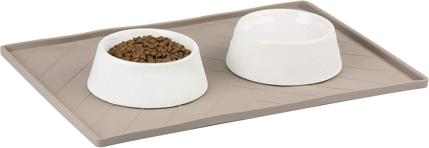 Messy Mutts Silicone Non-Slip Dog Bowl Mat with Raised Edge and Two Sides Reinforced with Metal Rods | Dog/Cat Bowl Mat with Spill-Proof Lip | Large, 24” x 16” | Dark Grey