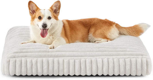 Dog Bed Medium Size Dog, Flat Pet Beds with Removable Washable Cover, Pet Mat Cute Crate Bed Thick Shredded Chopped Crate Foam & Anti Slip Bottom for Indoor, 29"x21"x3" Cream