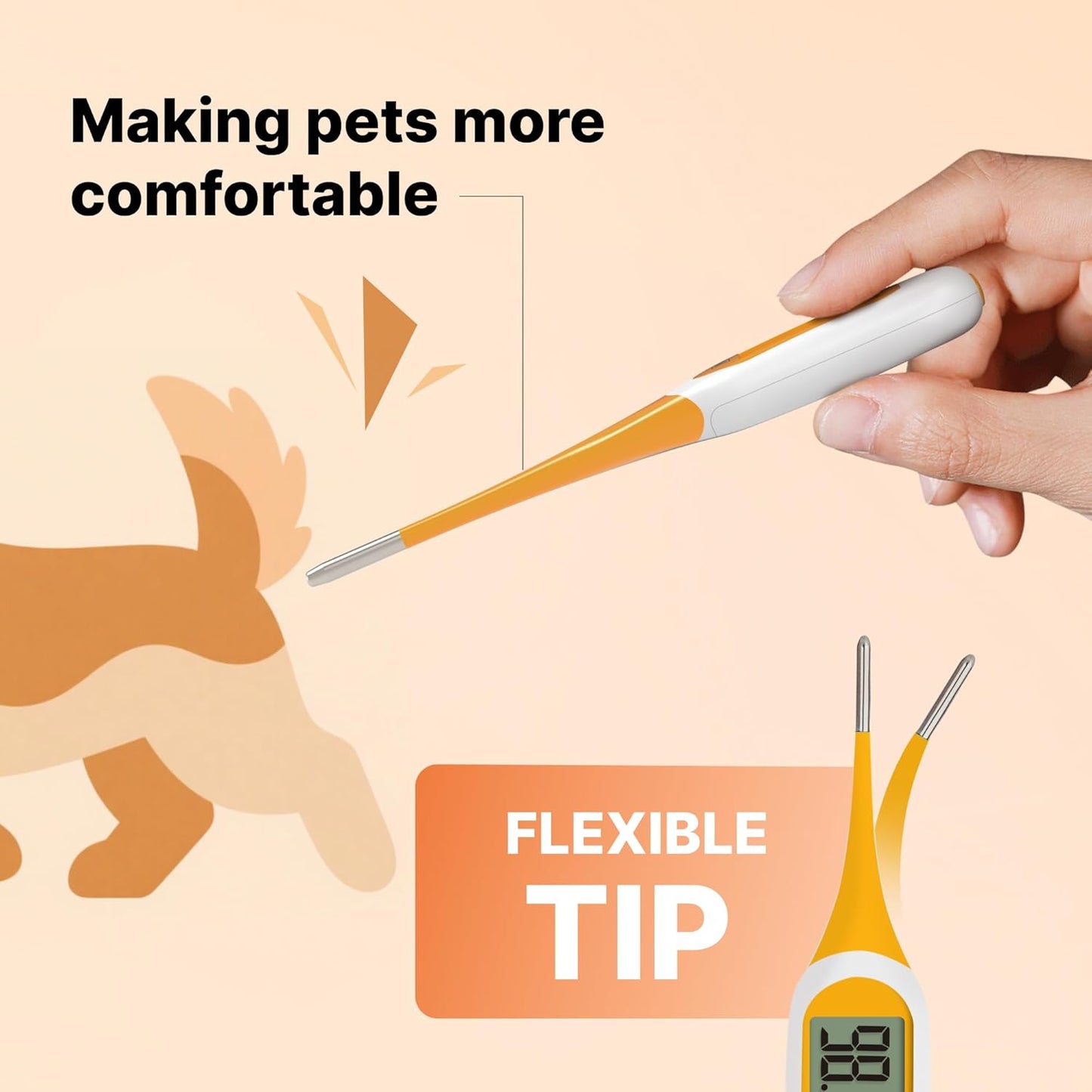 Digital Dog & Cat Thermometer for Fever Detection, 8s Fast Reading Pet Rectal Thermometer with Large LCD Screen, Comfortable Flexible Soft Tip Fever Alert °C/°F Switchable