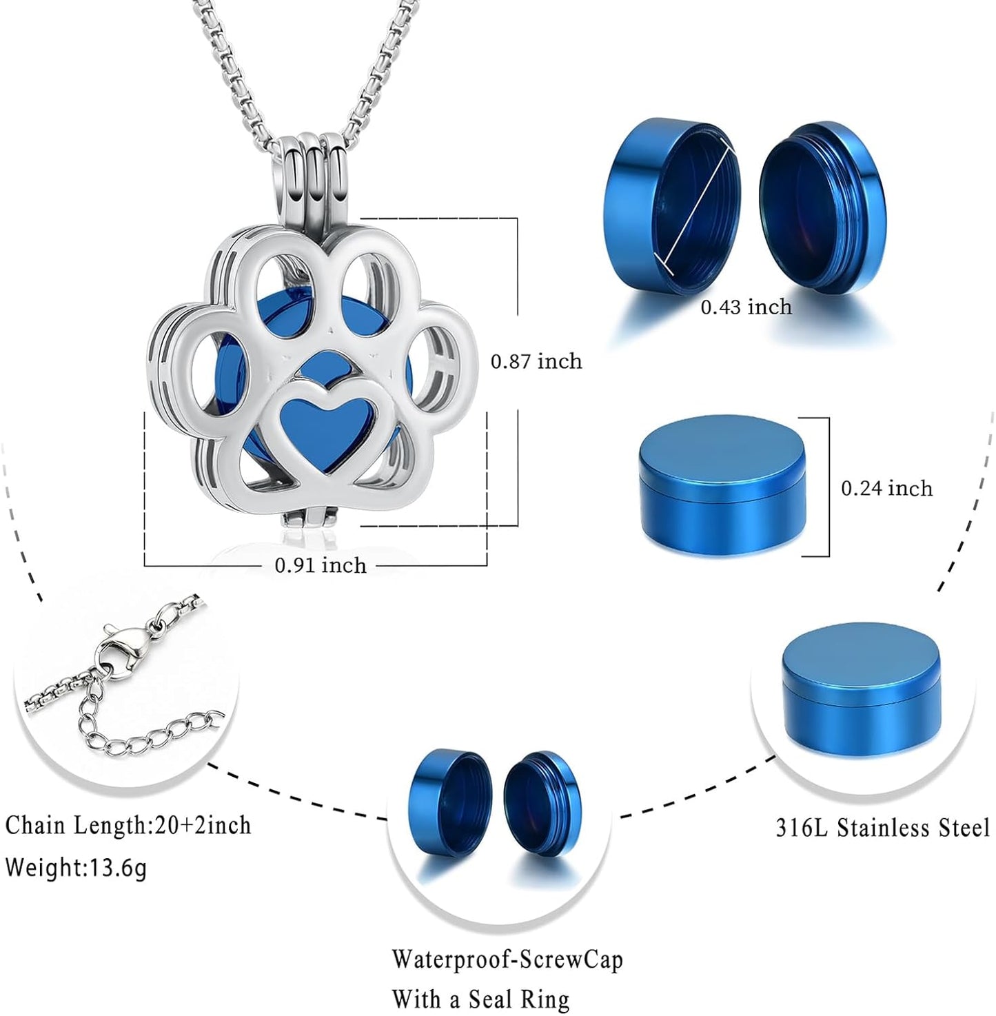 Oinsi Pet Cremation Jewelry For Ashes For Dog/Cat Paw Stainless Steel Memorial Locket Urn Necklace Inside Mini Case Keepsake Cremation Jewelry Women Men