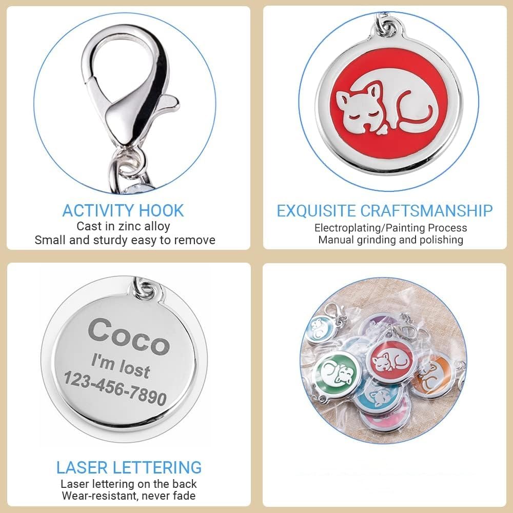 Personalized Pet ID Tags with Lobster Claw Clasp for Kittens and Cats - Small pet Tags for Cats, cat Name Tags for Collar, Custom cat id tag (Sleeping-Round-Small: Blue)