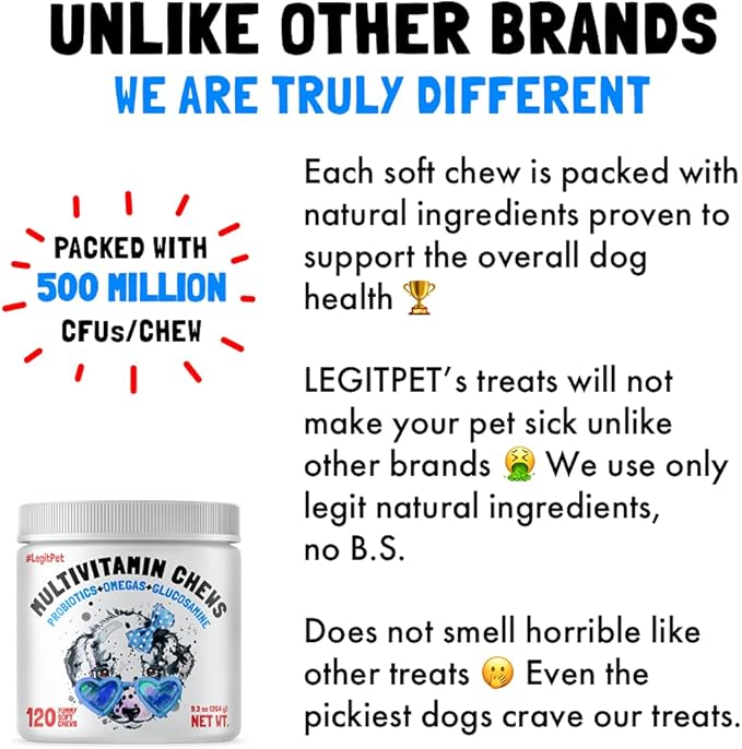 Dog Vitamins - 120 Multivitamins Chews w/Glucosamine Chondroitin, Probiotics Digestive Enzymes and Omegas - Supplement for Overall Health - Joint Support, Immune Health, Skin and Heart Health