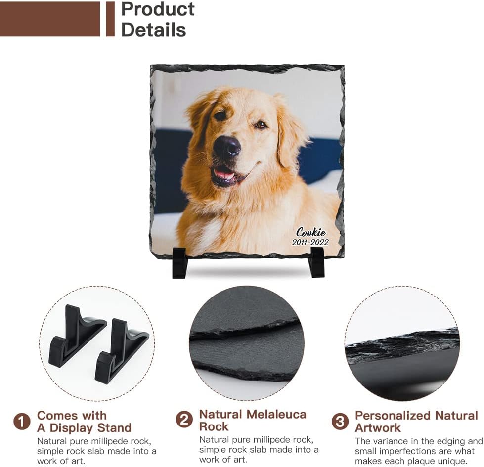 Bemaystar Personalized Rock Slate Photo Frame- Dog Photo Slate Stone Plaque, Customized Gifts for Pet Lovers, Personalized Square Shaped Picture Frame 7.9x7.9