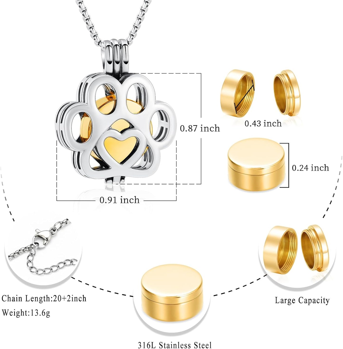 Oinsi Pet Cremation Jewelry For Ashes For Dog/Cat Paw Stainless Steel Memorial Locket Urn Necklace Inside Mini Case Keepsake Cremation Jewelry Women Men