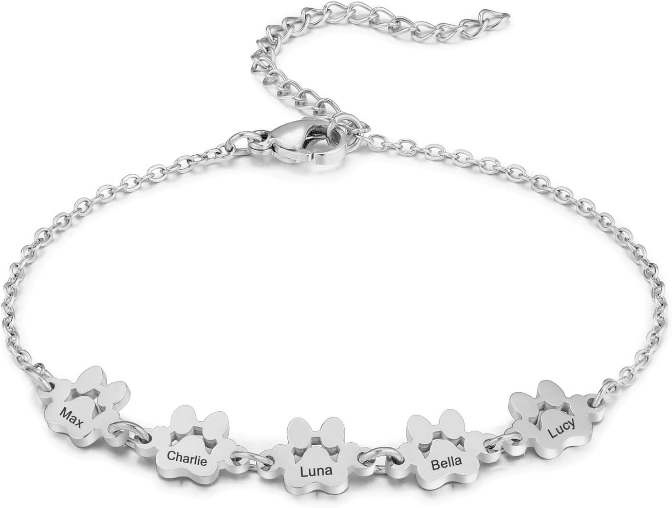 MeMeDIY Personalized Paw Print Bracelet for Women Engraved 1-5 Names Dog Cat Pet Paw Bracelet Adjustable Chain Dog Jewelry Memorial Gifts for Pet Lovers
