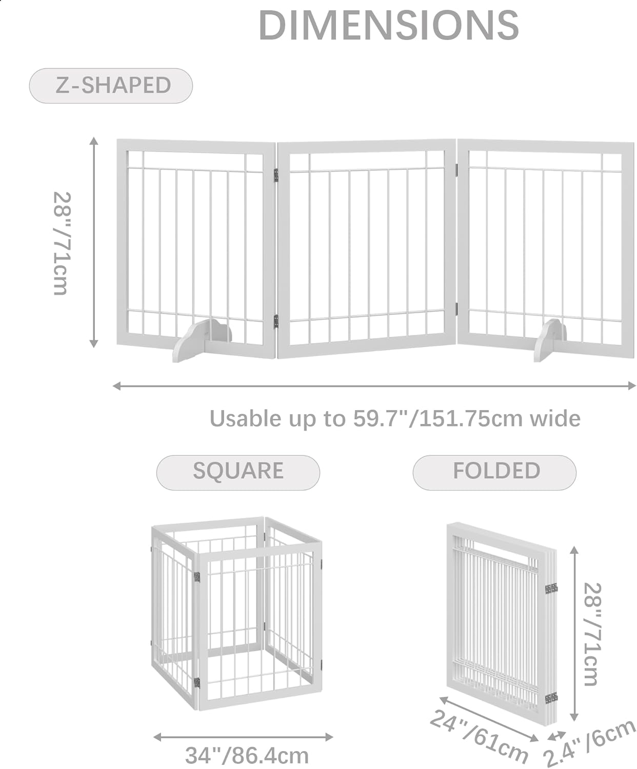 JSB 72-inch Extra Wide 28-inch Tall Dog gate, Freestanding Pet Gate for Halls, Stairs & Home, Pet Puppy Safety Dog Fence with 2PCS Support Feet (White)