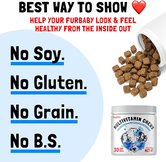 Dog Vitamins - 30 Multivitamins Chews w/Glucosamine Chondroitin, Probiotics Digestive Enzymes and Omegas - Supplement for Overall Health - Joint Support, Immune Health, Skin and Heart Health