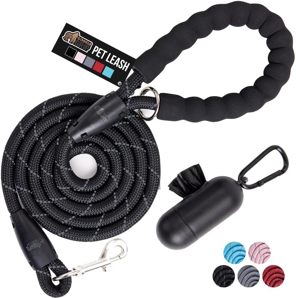 GORILLA GRIP Dog Leash, Heavy Duty Reflective Rope Leashes for Large, Medium, Small Breed Dogs, Puppy Training Essential for Walks, Hikes, Soft Handle, Rotating Metal Clip, Waste Bag Dispenser, Black