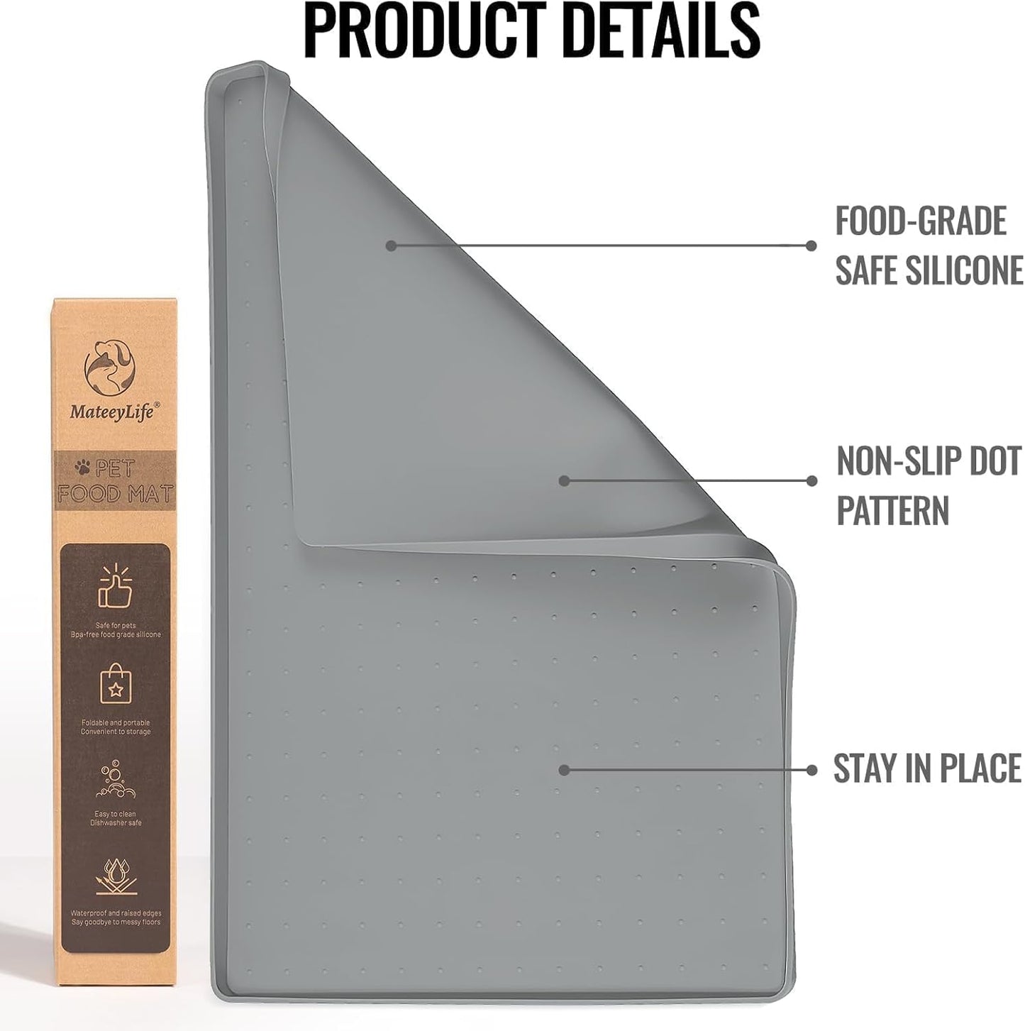 MateeyLife Dog & Cat Food Water Mat for Floors Waterproof, Nonslip Pets Bowl Feeding Mats with Raised Edges, Silicone Matt Tray for Messy Drinkers, 24"x16", Grey