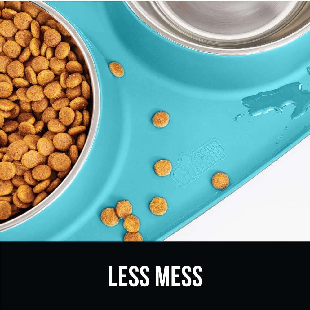 GORILLA GRIP Feeding Mat Set, 3 Cup, Patent Pending 100% Waterproof BPA Free Silicone, Stainless Steel Cat and Dog Bowls, Slip Resistant, Edges Catch Water Food, US Designed Pet Accessories, Turquoise