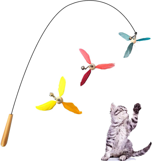 Cat Wands for Indoor Cats, Safe Teaser Wand with 3 Spinning Feather Propeller Attachments Interactive Cat Toys for Having Fun Exerciser Playing
