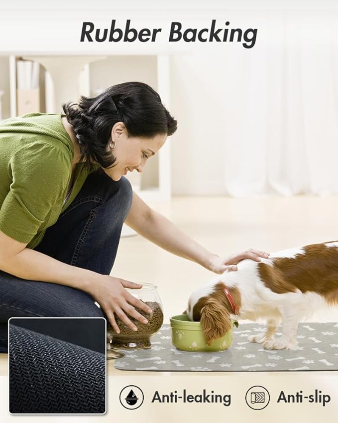 MontVoo Dog Food Mat-Pet Feeding Mat for Food and Water-No Stains Quick Dry Dispenser Cat Bowl Mat for Messy Drinkers(17"x34" Grey)